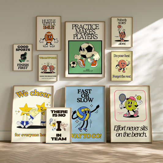 Set of 10 retro sports posters with smiling cartoon characters, including a soccer ball beside "Practice makes players," a basketball beside "Nobody scores alone," a tennis ball with racket beside "Effort never sits on the bench," a volleyball beside "Fast or slow, way to go," a football beside "Hustle with a smile," a foam finger beside "Good sports finish first," and high-fiving stars beside "We cheer for everyone here," in a vintage cream, green, and blue palette.