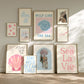Set of 10 coastal watercolor prints in pink and blue: "Wild Like the Sea" beside a spiral shell illustration, "Stay Wild Ocean Child" in bold blue lettering, "Sea La Vie" in pink stamped typography, a mermaid lounging in a martini glass, pink starfish and seashell illustrations, a woman in a shell headdress, a beach umbrella watercolor, and "Meet me by the sea" in postcard-style script.