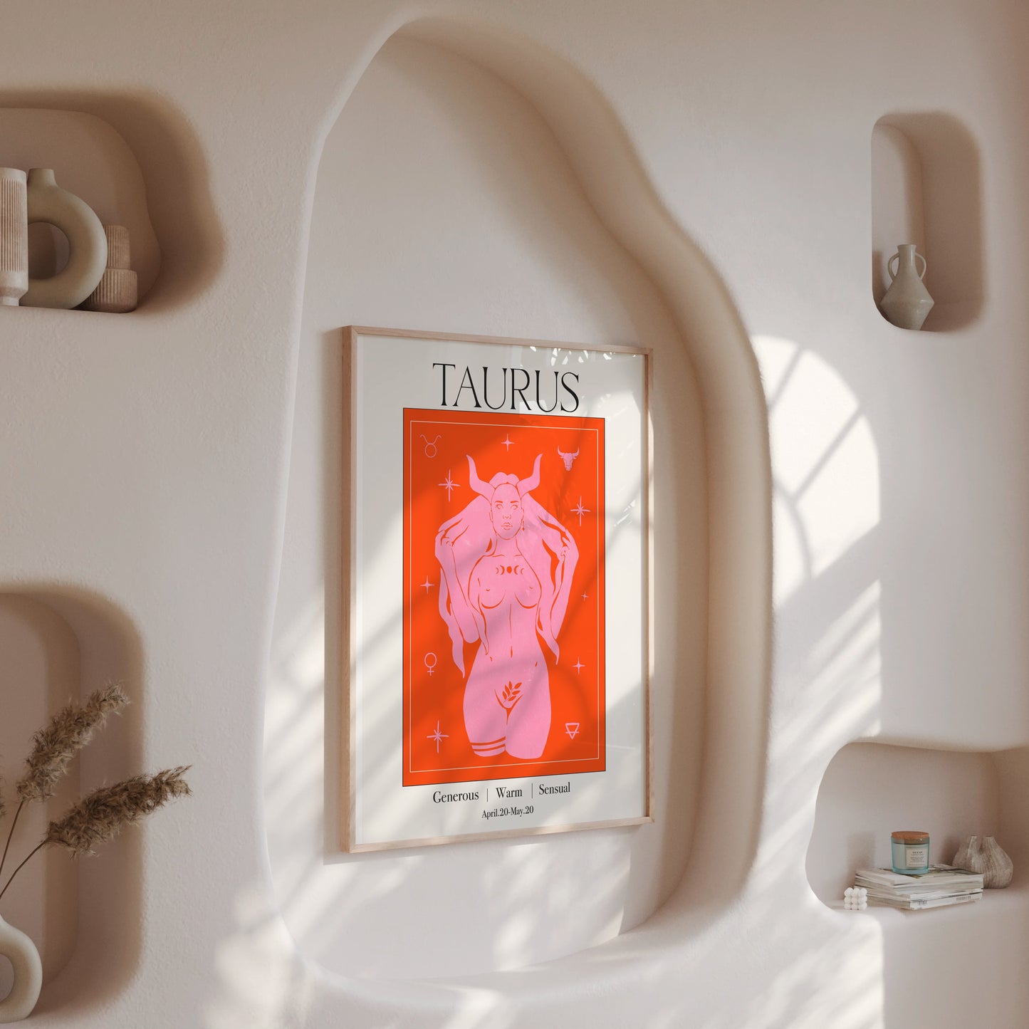 Retro Taurus Zodiac Goddess Art Print, Boho Taurus Wall Art