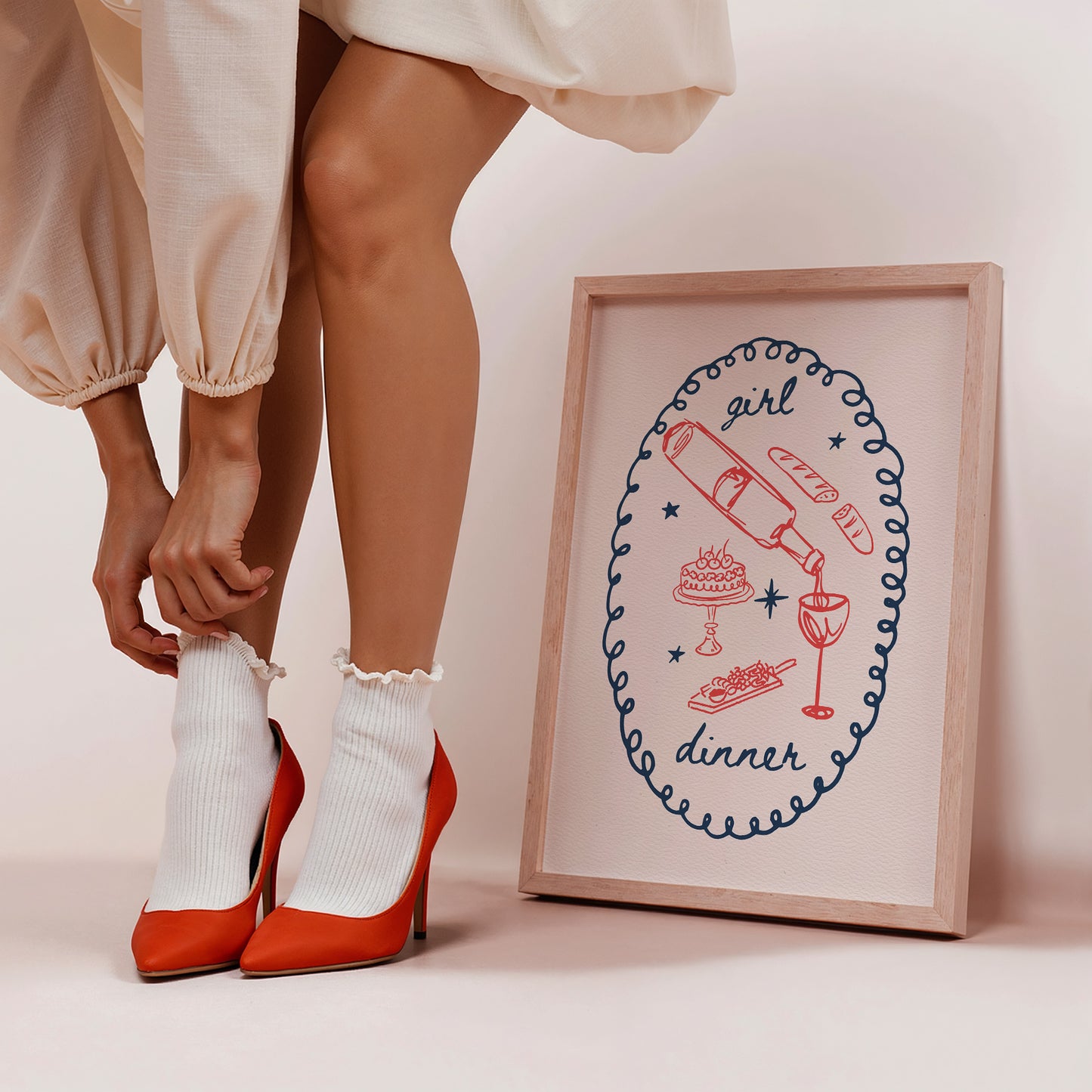 Red & Navy Blue Girl Dinner Print | Hand Drawn Food and wine