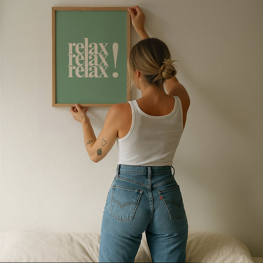 Green Wall Art With Text " Relax " 3 times