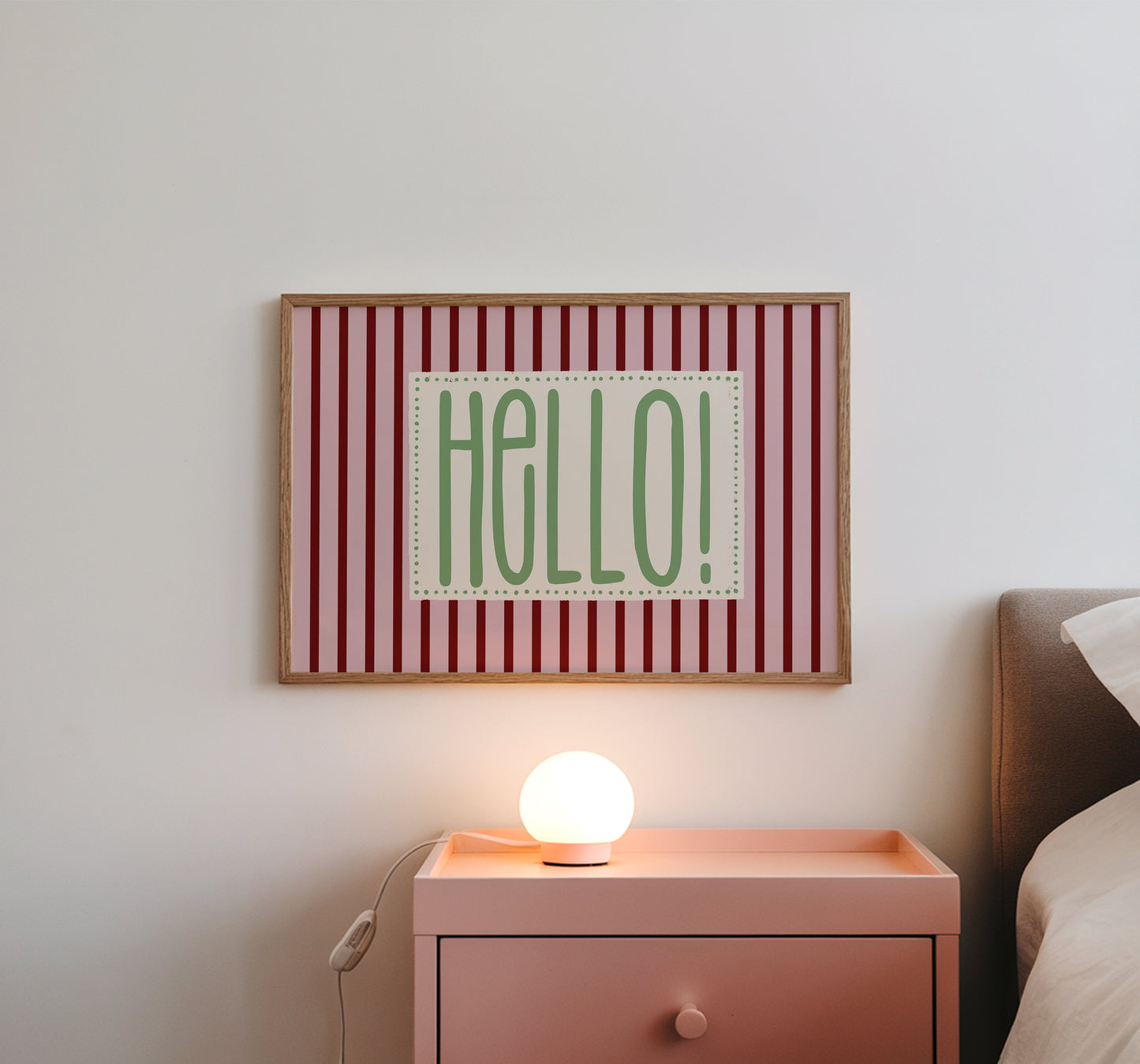 Hello retro stripe print in a horizontal frame mockup