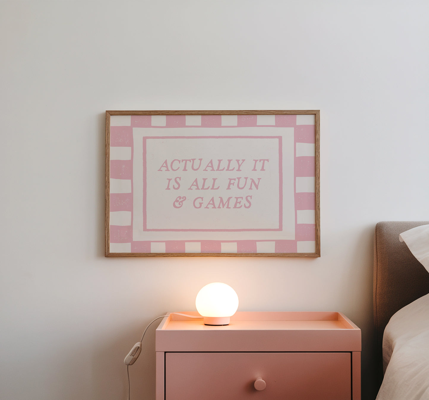 Pink checkered Actually It Is All Fun & Games horizontal print in wood frame — bold dorm bedroom wall decor instant download