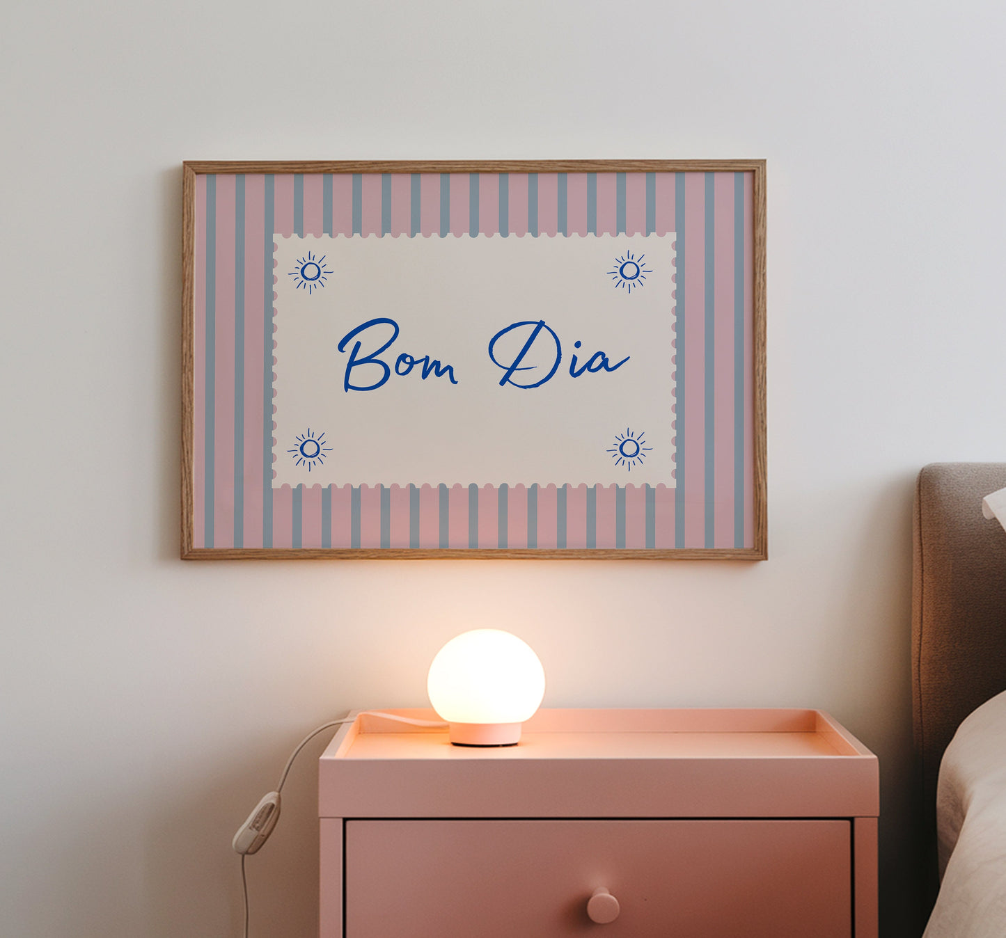 Bom Dia Pink Striped Horizontal Art - Digital Print