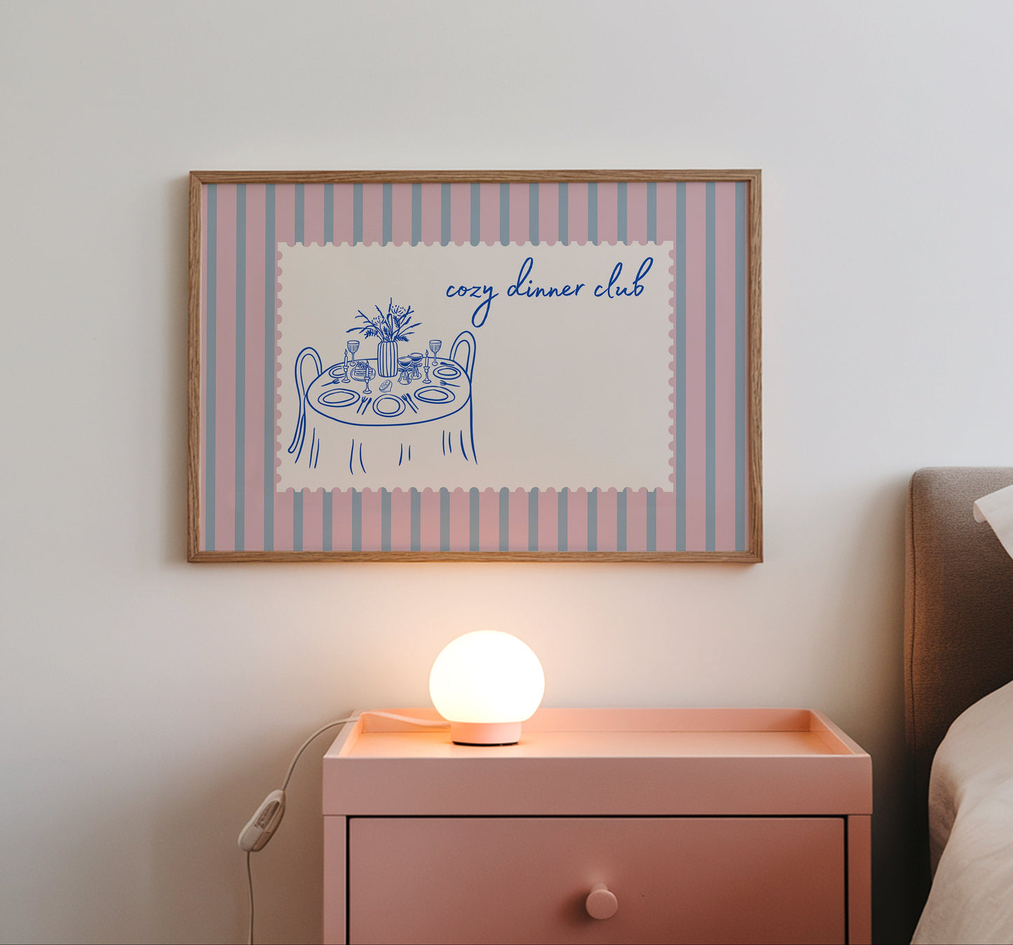 Pink & Blue Striped Cozy Dinner Club Art - Digital Print