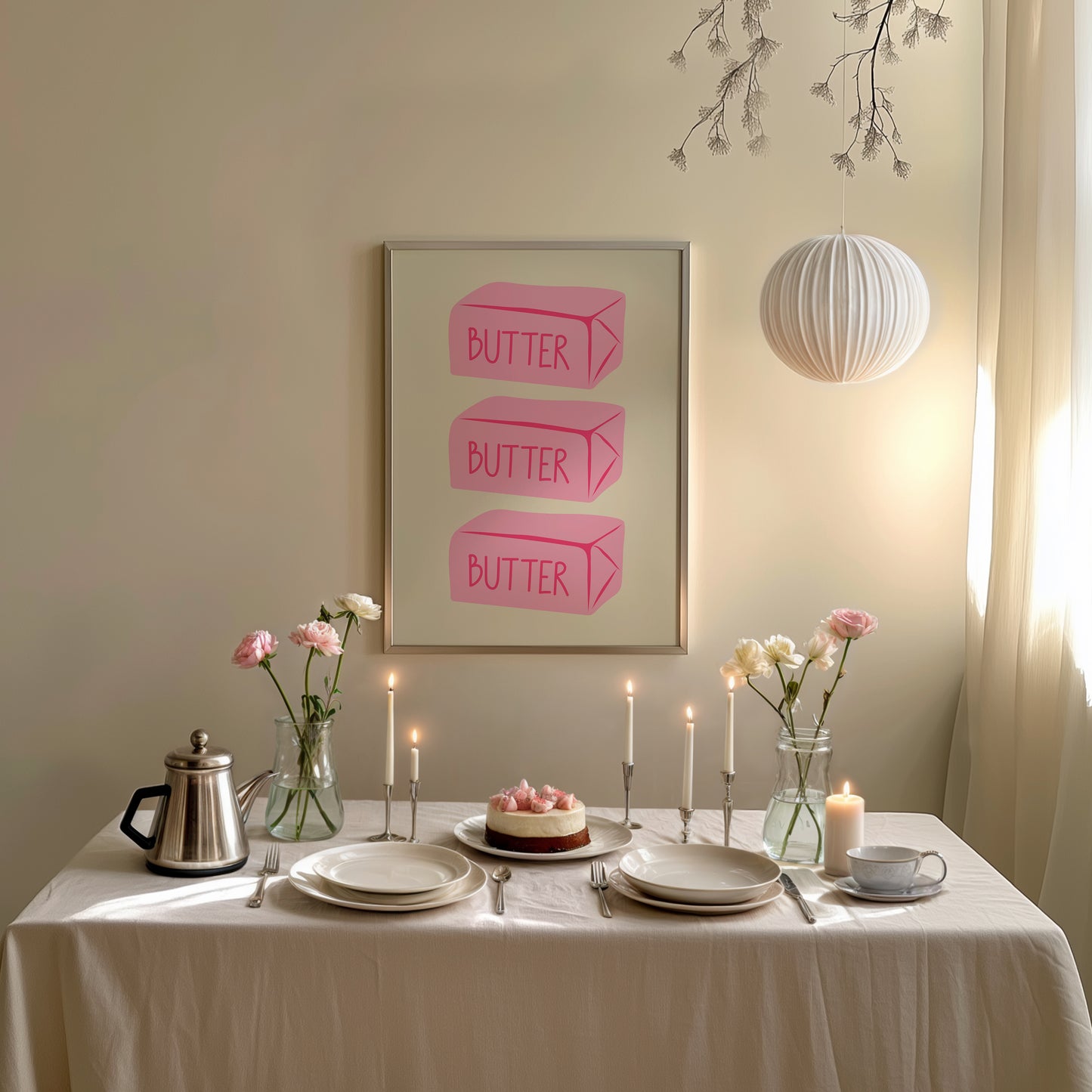 Vertical sage green wall print featuring three stacked illustrated pink butter blocks each labelled BUTTER in bold pink handwritten font
