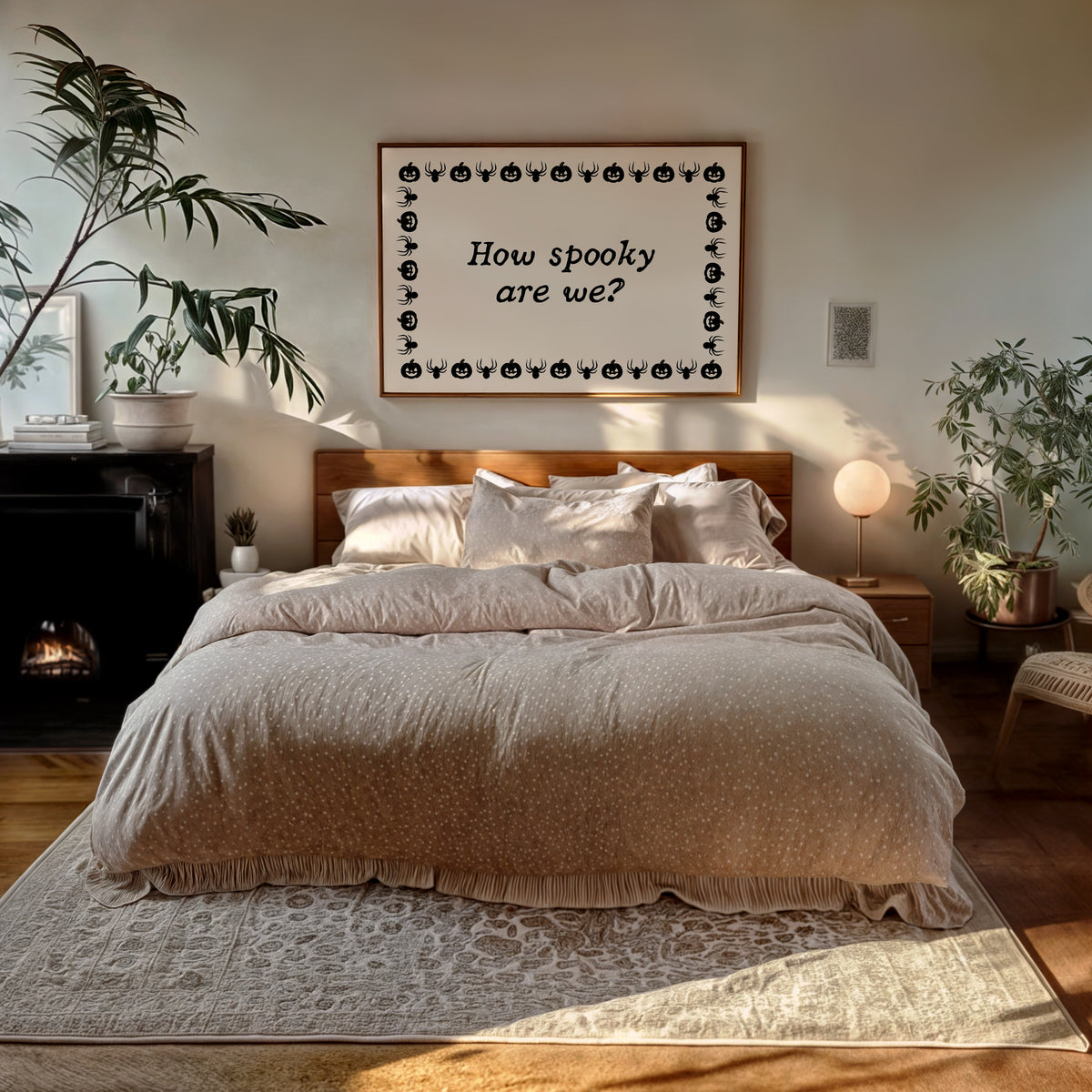 Landscape digital print with a cream background bordered by alternating black pumpkin and spider illustrations, framing the hand-lettered phrase "How spooky are we?" in black script.