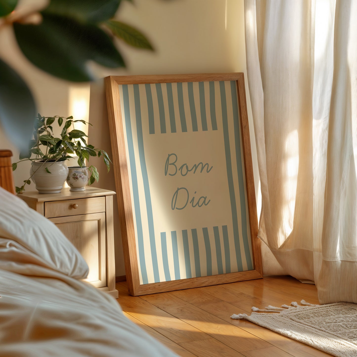 Bom Dia Blue Striped Art - Digital Print