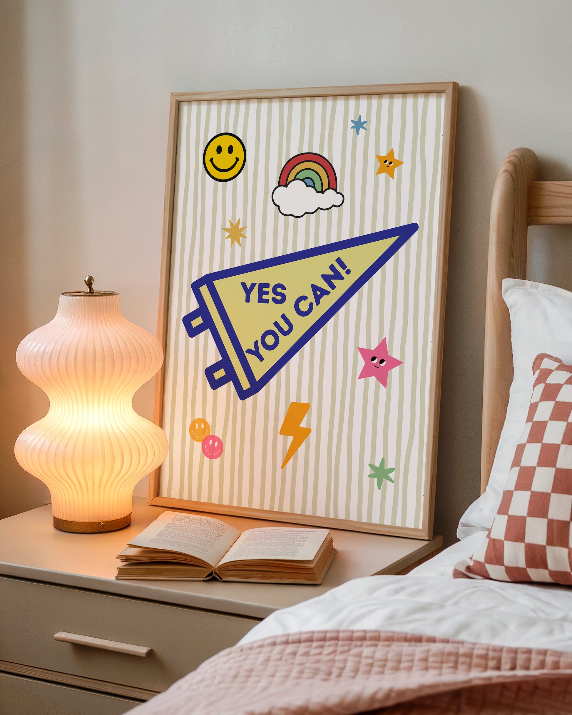 Woman hanging Yes You Can pennant print near sunlit window — whimsical motivational dorm wall art printable