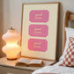 Pink dorm room gallery set of 3 — Good Times ticket print on dorm bedroom nightstand with vintage lamp