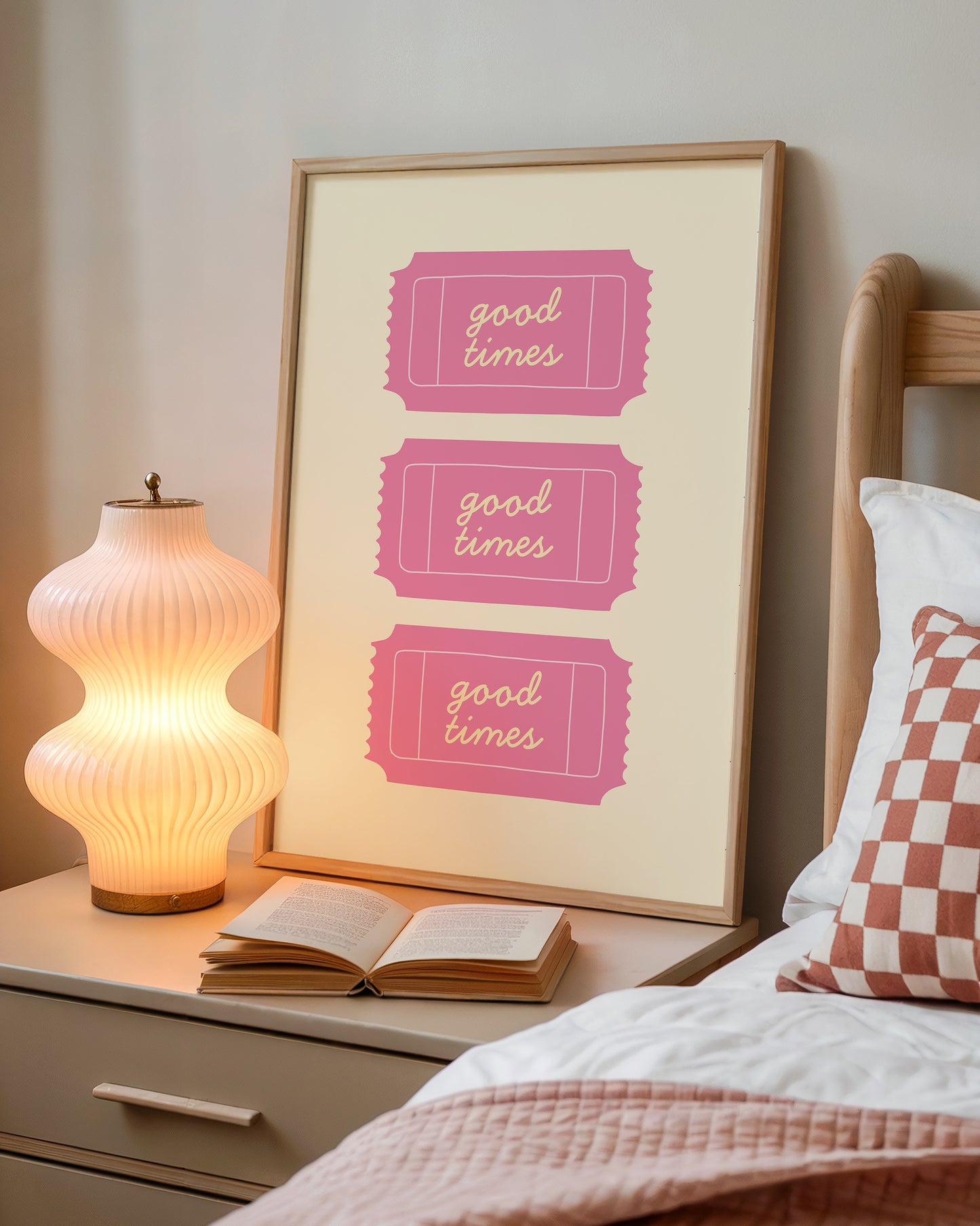 Pink dorm room gallery set of 3 — Good Times ticket print on dorm bedroom nightstand with vintage lamp
