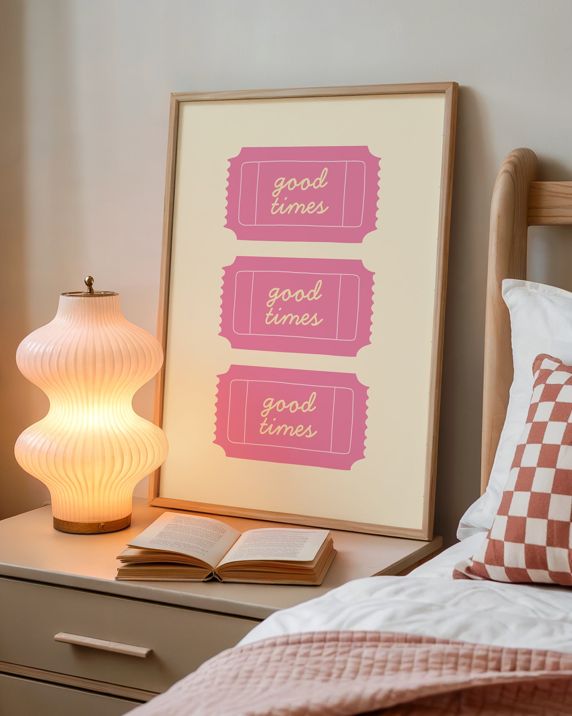 Pink dorm room gallery set of 3 — Good Times ticket print on dorm bedroom nightstand with vintage lamp