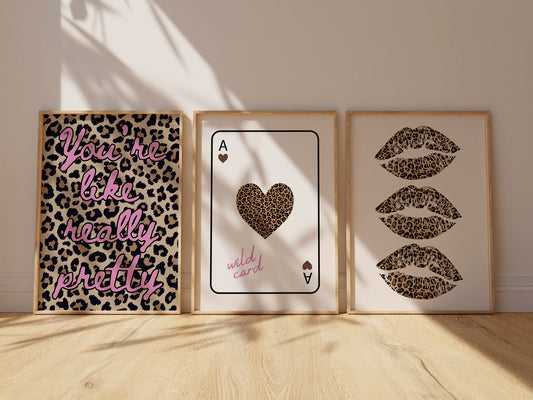 Leopard Art Set of 3 | Leopard Lips | Leopard Heart Playing Card | You're Like Really Pretty Print