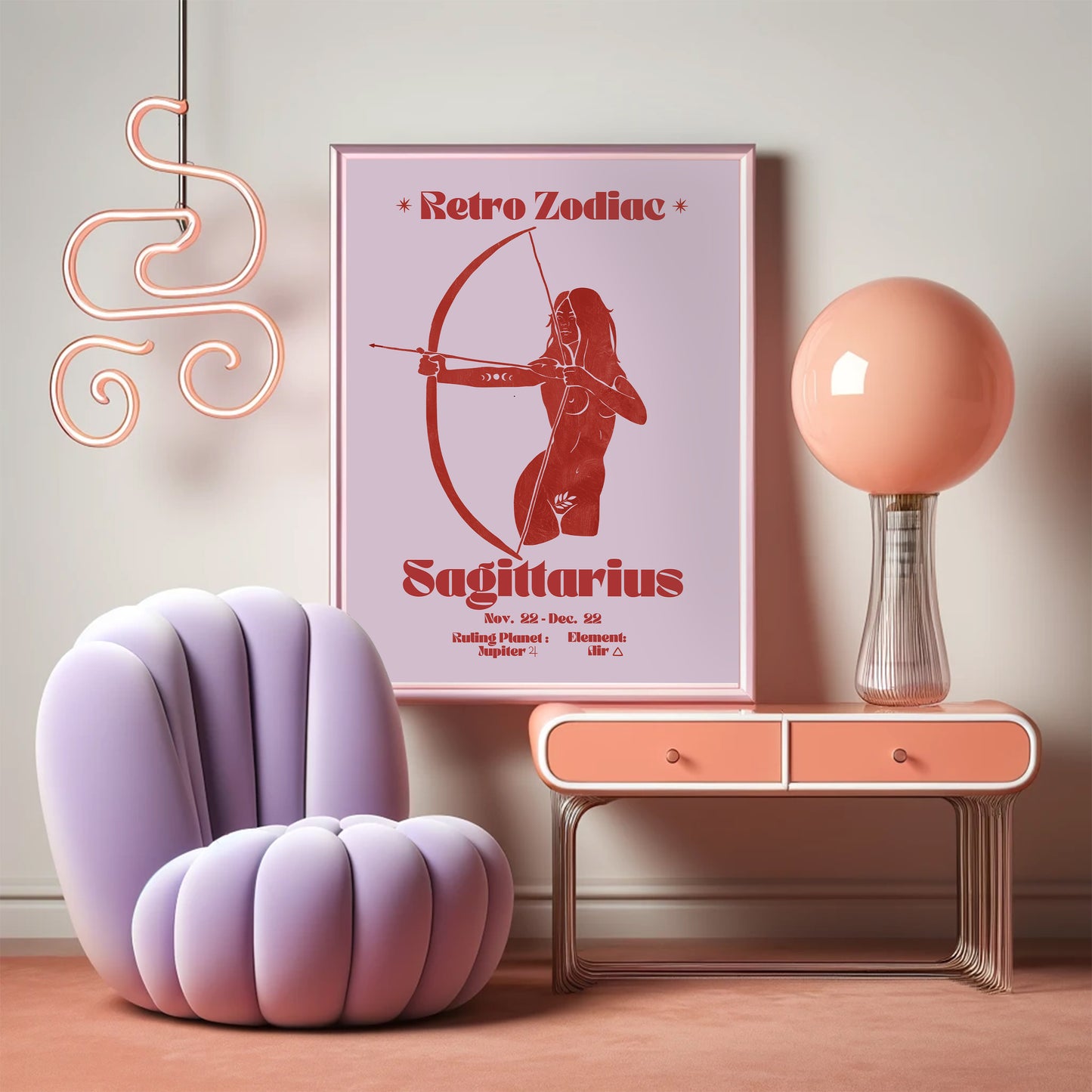 Retro Zodiac Sagittarius Goddess Wall Art Print, Sun Sign Art