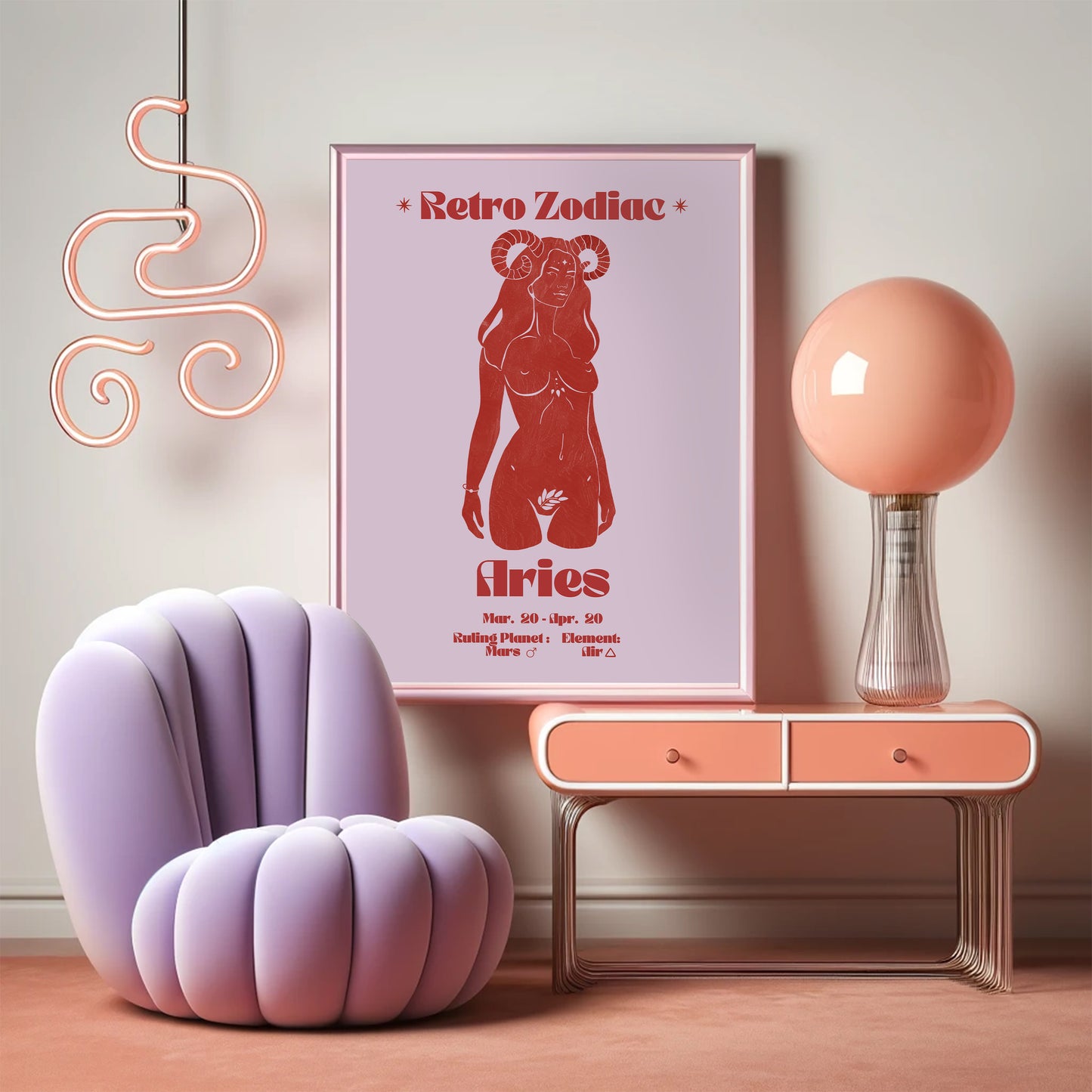 Retro Zodiac Aries Goddess Wall Art Print, Sun Sign Art