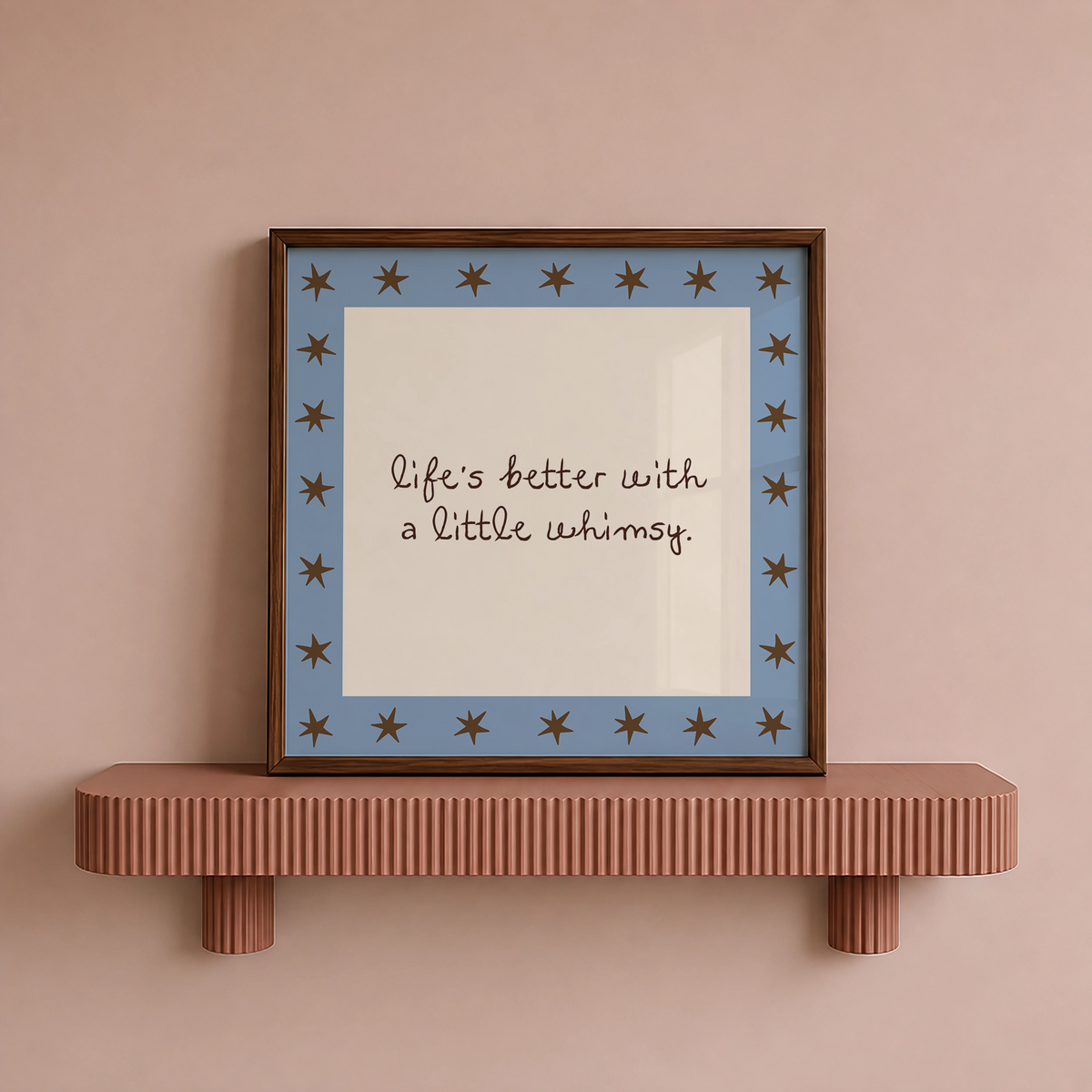 Print with "life's better with a little whimsy" script text and star border on blue background