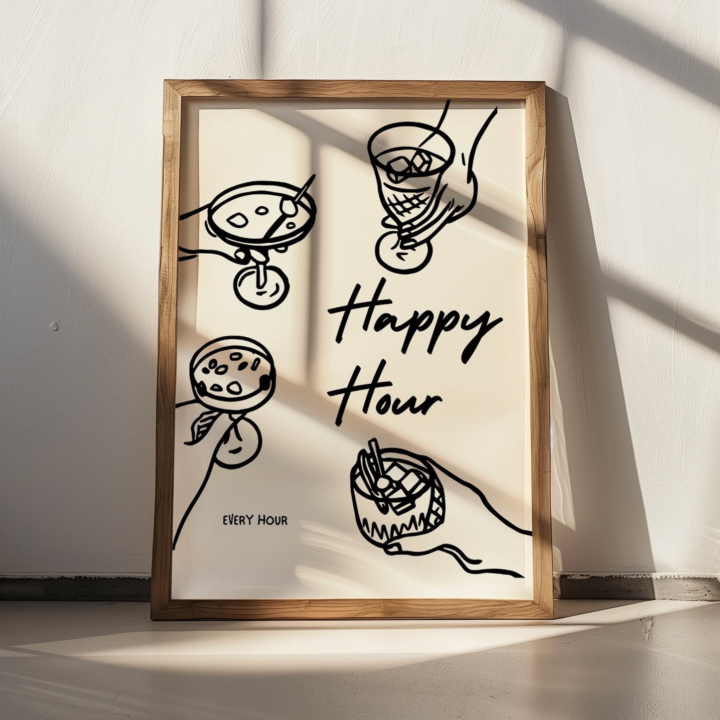 Black Line Happy Hour Wall Art / Typography Print / Digital Download/ Cocktail Art / Bar Art/ Kitchen Wall Art