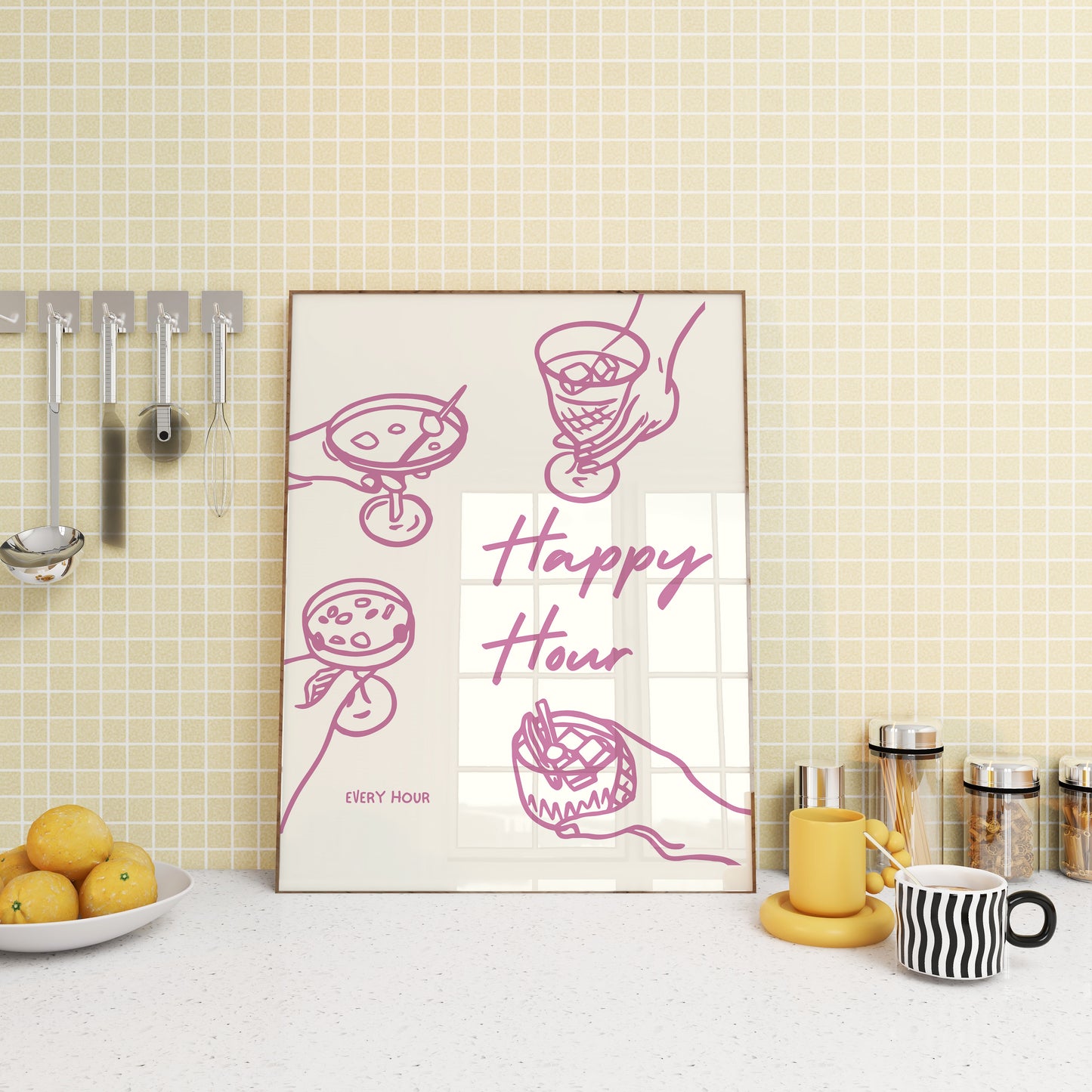 Pink Line Happy Hour Wall Art / Typography Print / Digital Download/ Cocktail Art / Bar Art/ Kitchen Wall Art