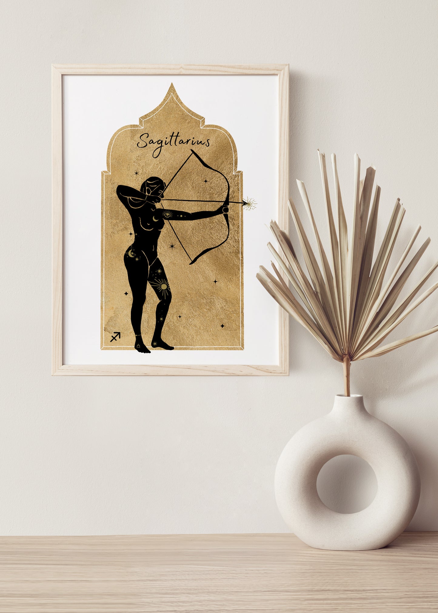 Golden Zodiac Sagittarius Goddess Wall Art Print, Sun Sign Art