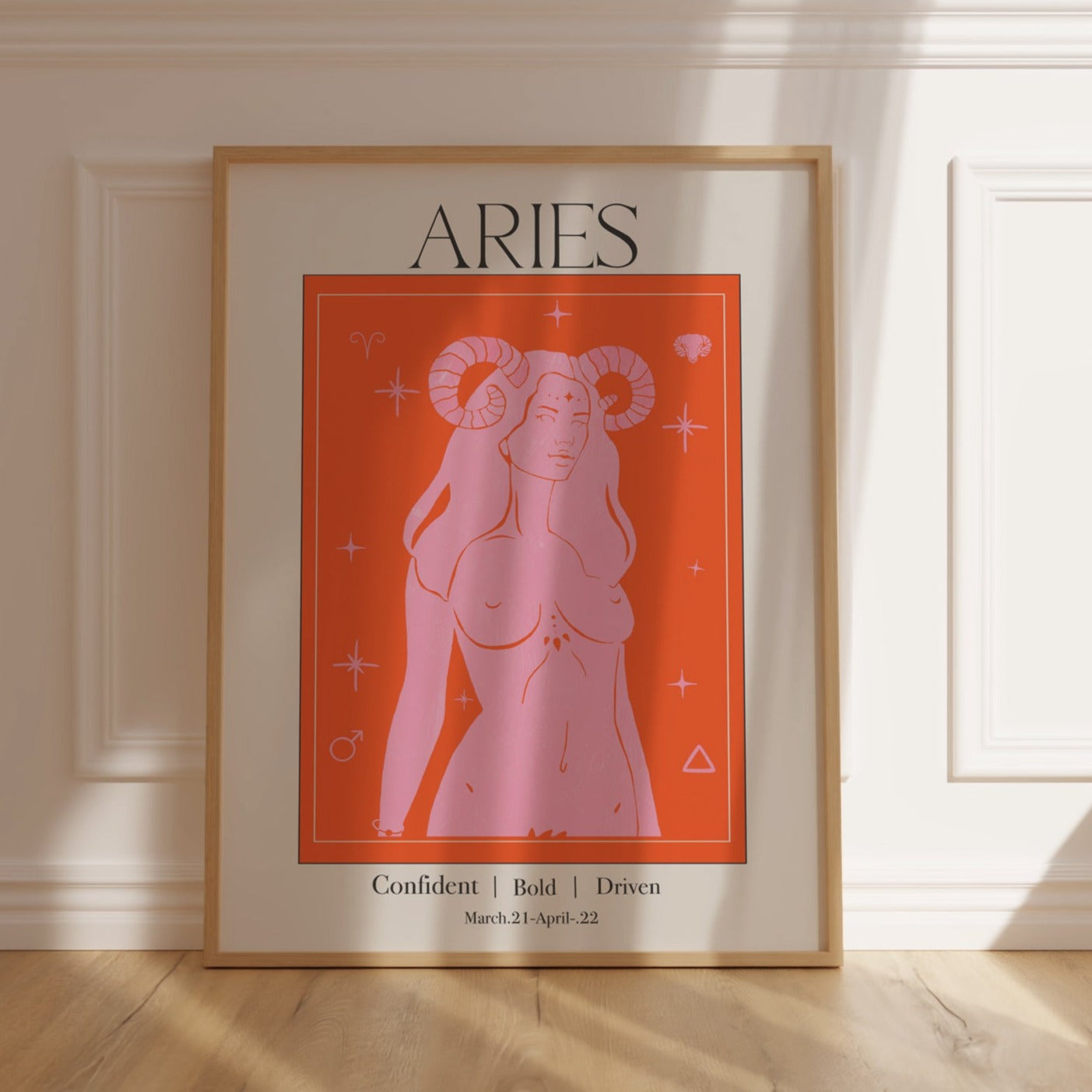 Retro Aries Zodiac Goddess Art Print, Boho Aries Wall Art