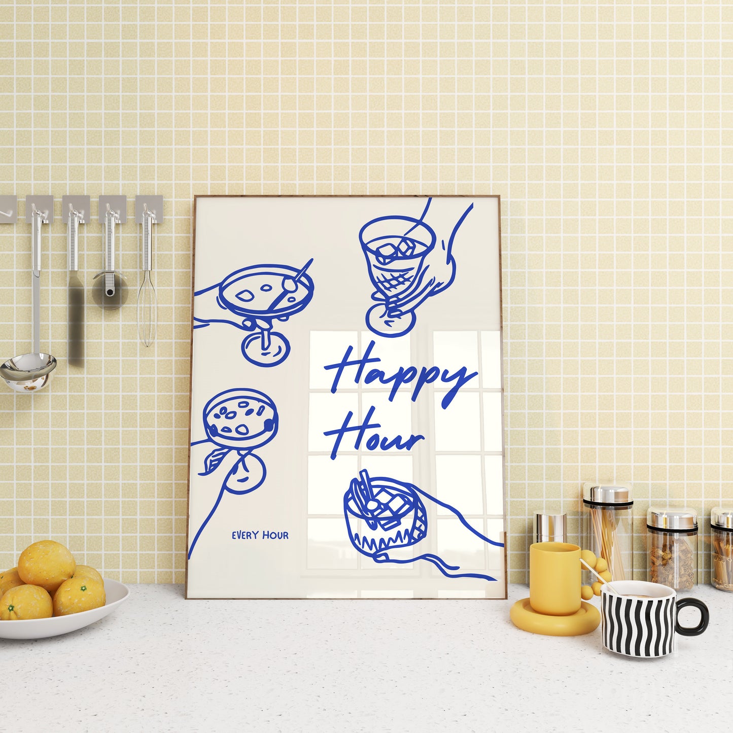 Blue Line Happy Hour Wall Art / Typography Print / Digital Download/ Cocktail Art / Bar Art/ Kitchen Wall Art