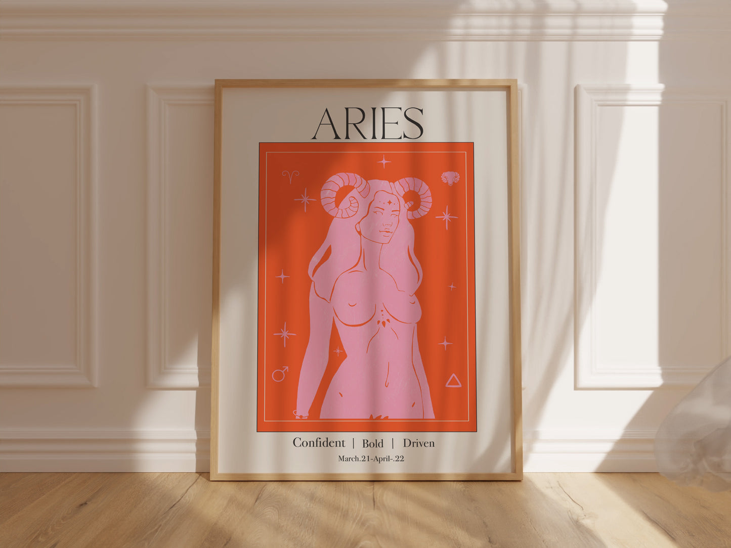Retro Aries Zodiac Goddess Art Print, Boho Aries Wall Art