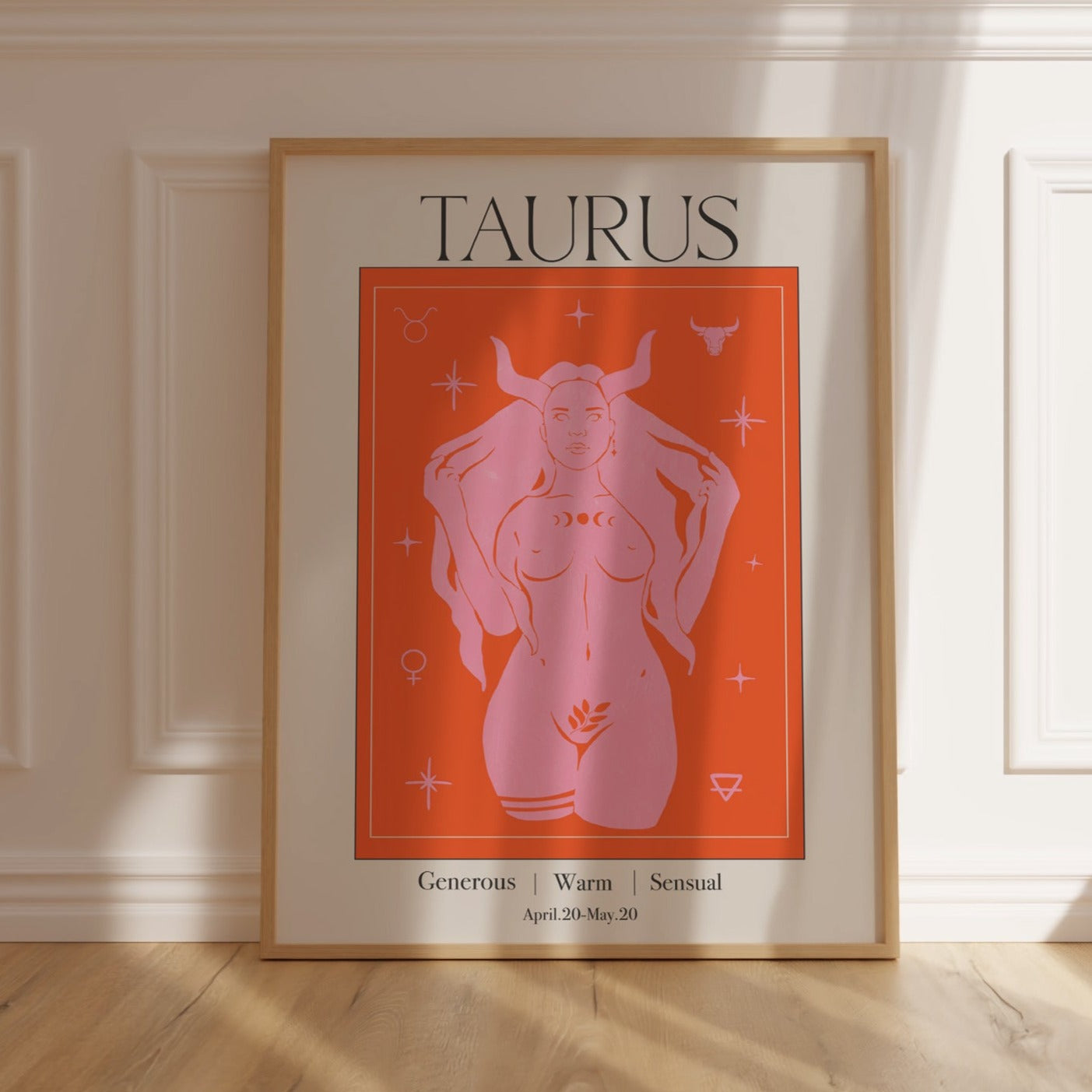 Retro Taurus Zodiac Goddess Art Print, Boho Taurus Wall Art