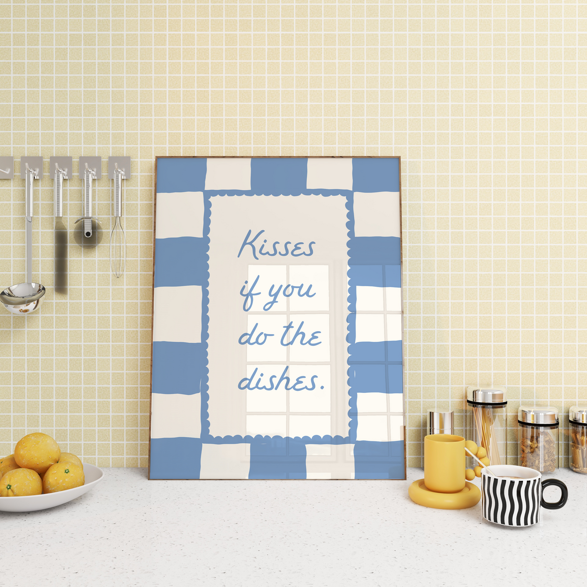 Kisses If You Do The Dishes | Blue Gingham Kitchen Print