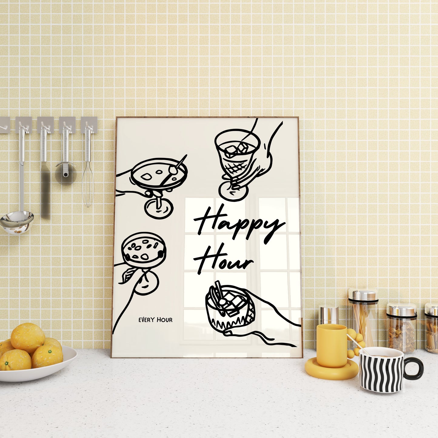 Black Line Happy Hour Wall Art / Typography Print / Digital Download/ Cocktail Art / Bar Art/ Kitchen Wall Art