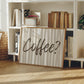 Beige and cream striped print with "Coffee?" in bold brown brush script
