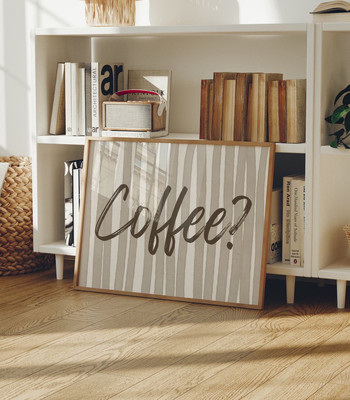 Beige and cream striped print with "Coffee?" in bold brown brush script