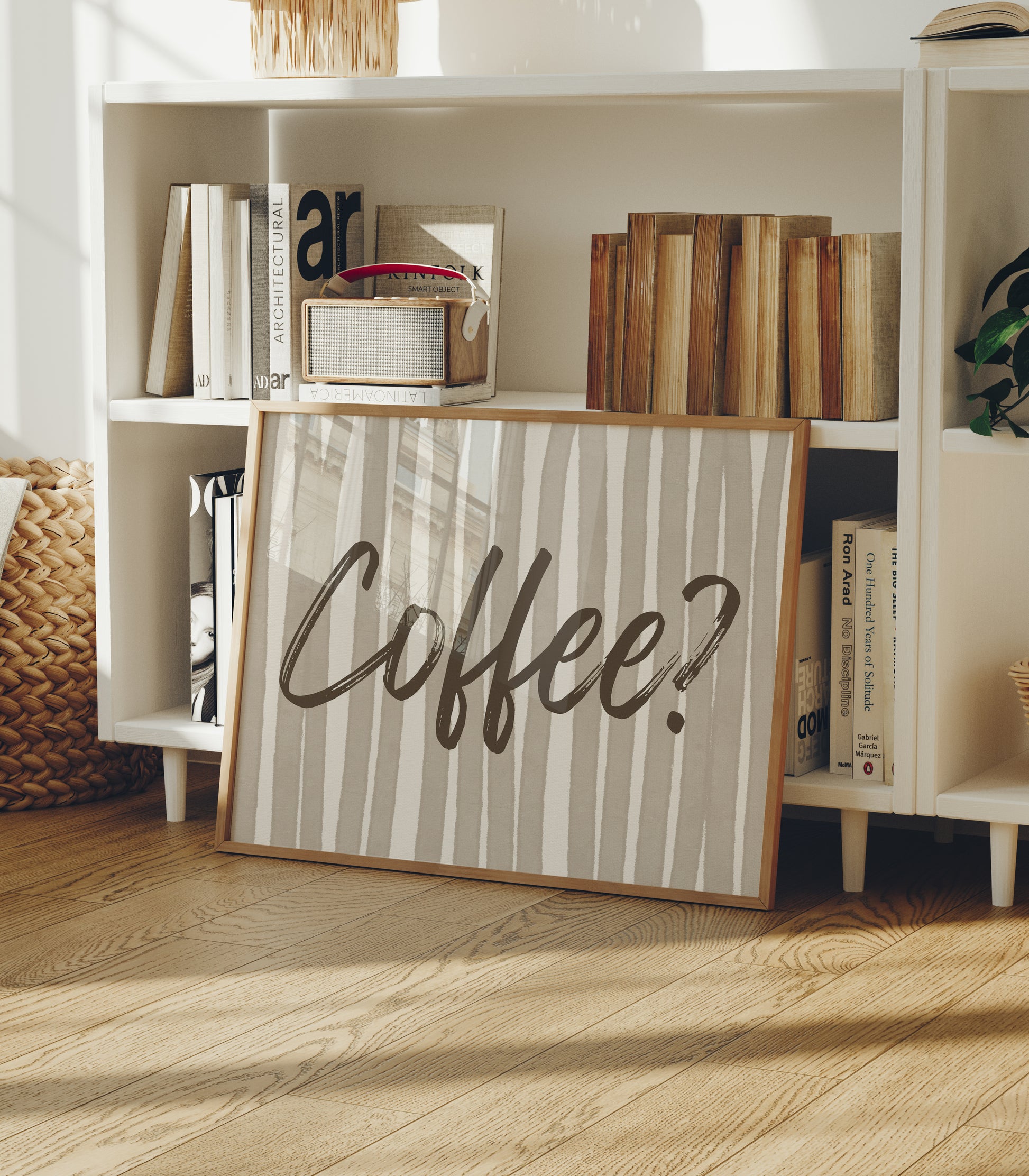 Beige and cream striped print with "Coffee?" in bold brown brush script