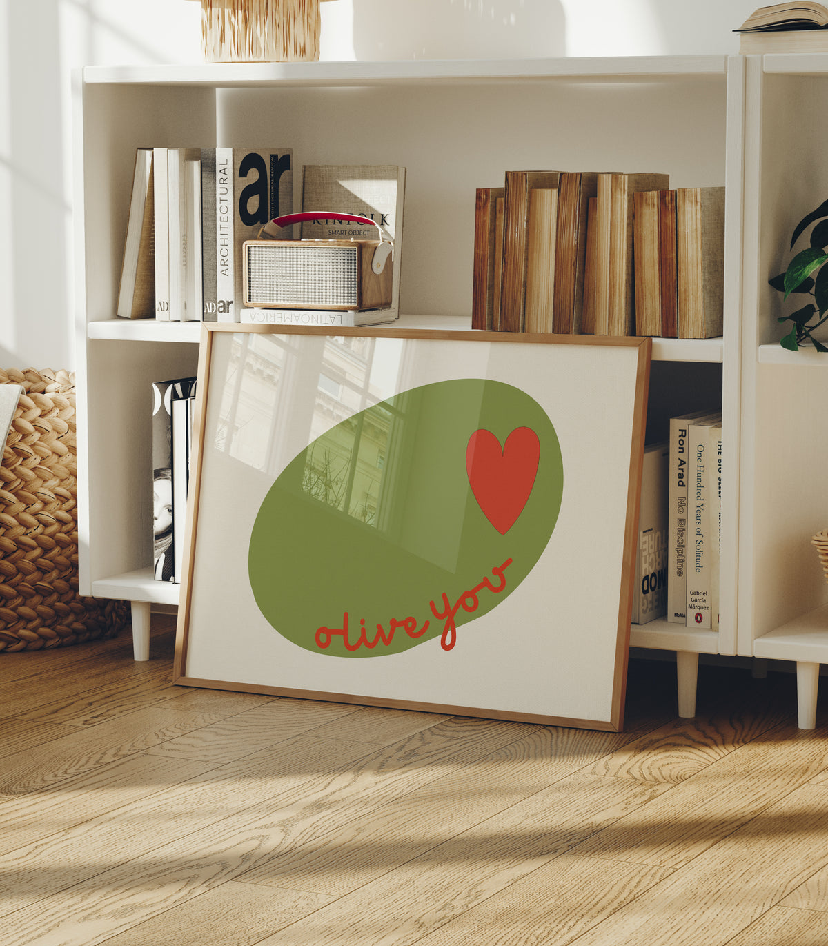 Horizontal print of a large green olive illustration with a small red heart and the words "olive you" in red cursive script, on a cream background.