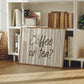 Horizontal print with hand-painted taupe and cream vertical stripes and the question "Coffee or tea?" in brown brush-lettered script across the center.
