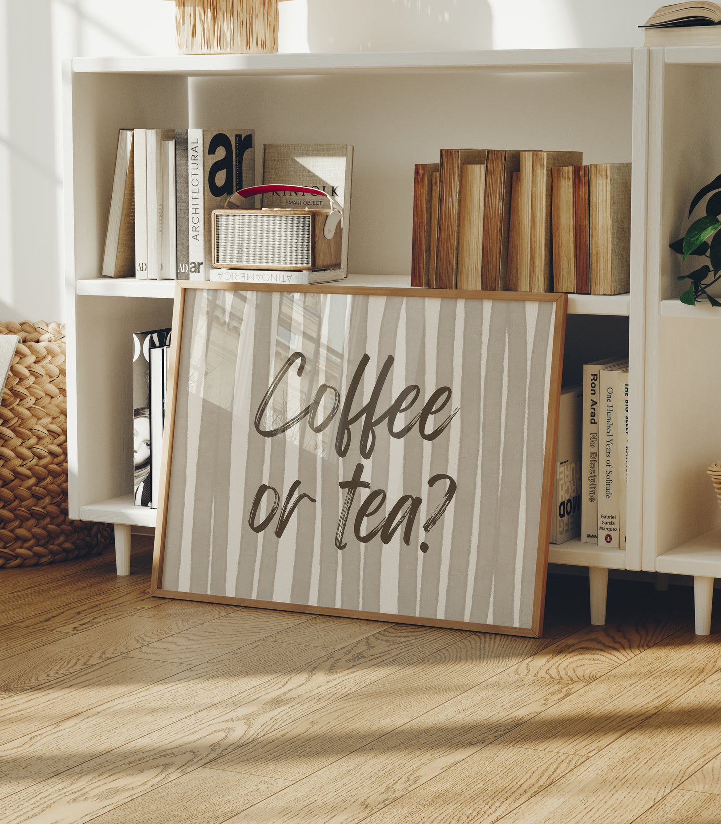 Horizontal print with hand-painted taupe and cream vertical stripes and the question "Coffee or tea?" in brown brush-lettered script across the center.