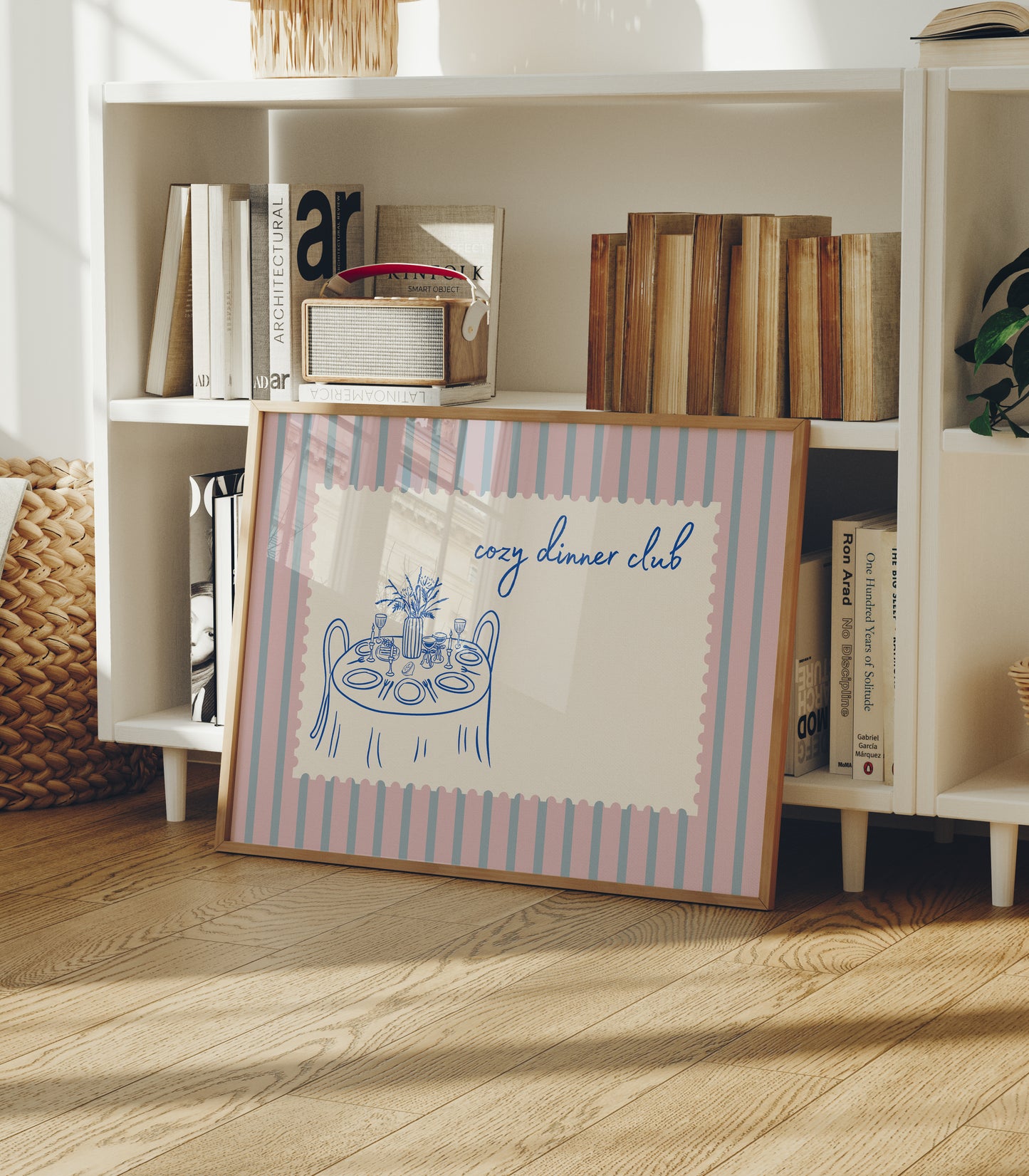 Pink & Blue Striped Cozy Dinner Club Art - Digital Print