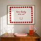 White print with a red and pink striped border featuring the handwritten quote 'how lucky are we' and a horseshoe illustration