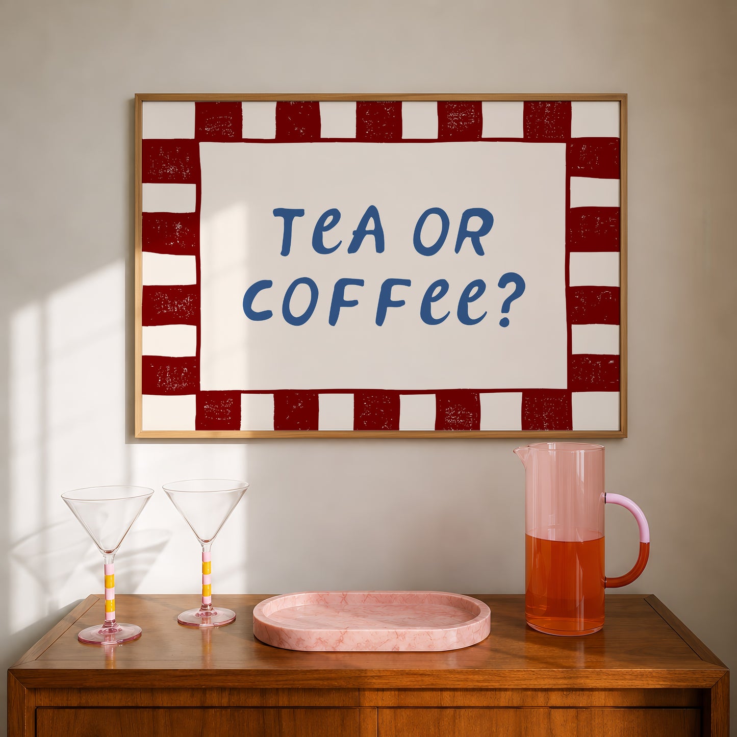 White print with a red checkered border and "Tea or Coffee?" in bold navy retro lettering
