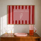 Horizontal print with bold red and pink vertical stripes and a hand-drawn ice cream cone illustration inside a rectangular border, with the words "HAVE A SWEET TREAT" in outlined block lettering.