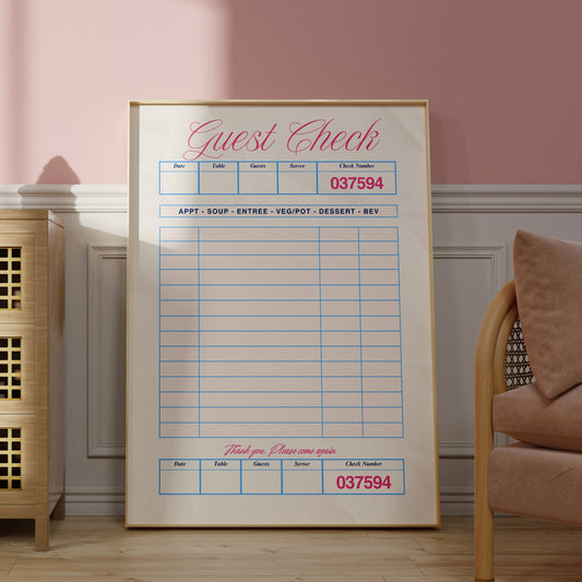 Pink & Blue Guest Check Print | Blank Vintage Retro diner Check