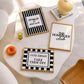 Set of 3 black and white prints: "The Homebody Club" in bold serif type, "Cute Shoes! Take them off." framed by checkered stripes, and "Bring joy or kick rocks" in a scalloped panel on black and white stripes.