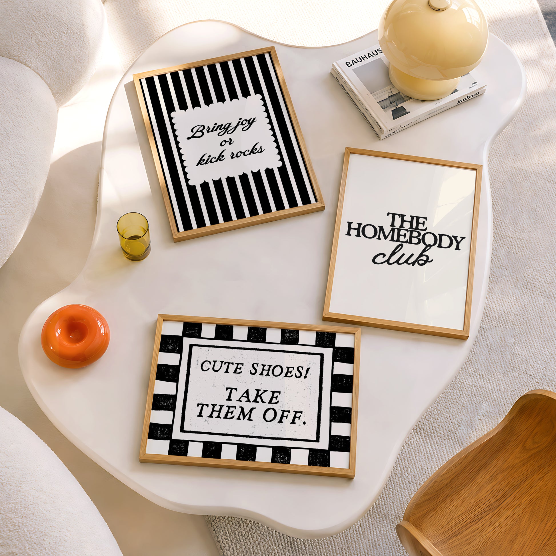 Set of 3 black and white prints: "The Homebody Club" in bold serif type, "Cute Shoes! Take them off." framed by checkered stripes, and "Bring joy or kick rocks" in a scalloped panel on black and white stripes.