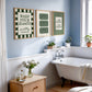 Set of 3 green bathroom prints: "Wash your hands ya filthy animal" in green cursive bordered by a green and cream checkered frame, three green ticket-stub illustrations reading "Splish Splash, Admit One," and "I See London I See France" in a scalloped stamp frame on green and cream stripes.