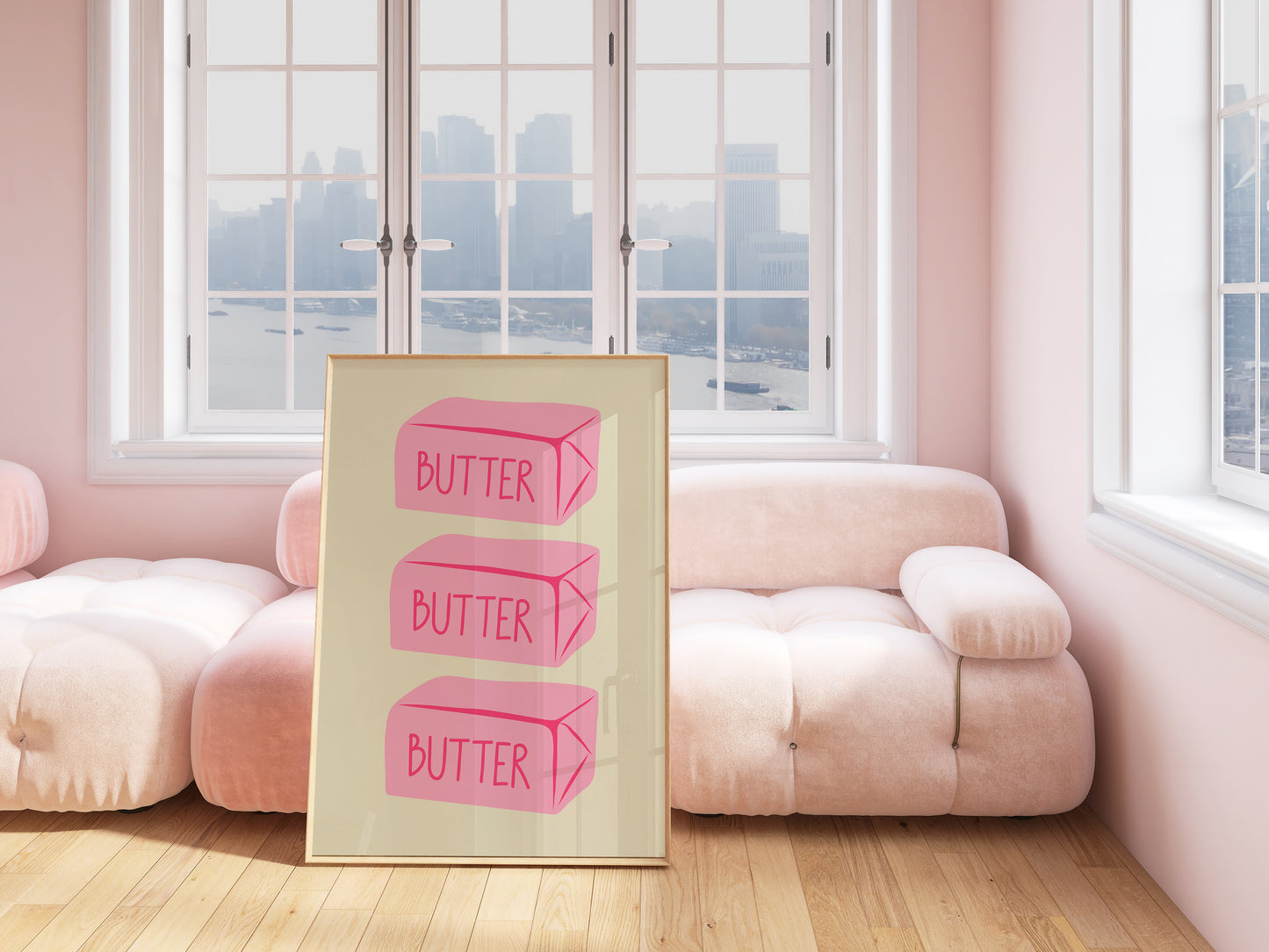 Vertical sage green wall print featuring three stacked illustrated pink butter blocks each labelled BUTTER in bold pink handwritten font