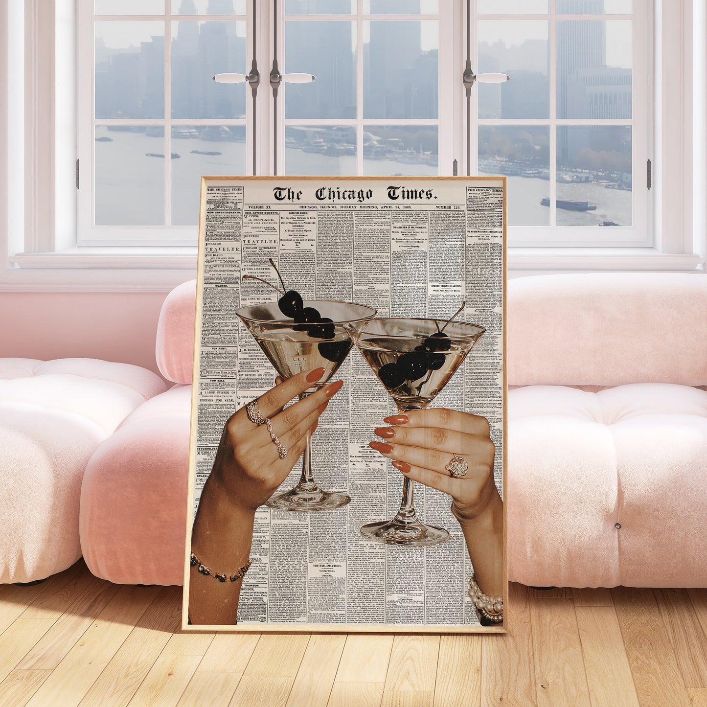 Retro Cherry Martini Newspaper Print 