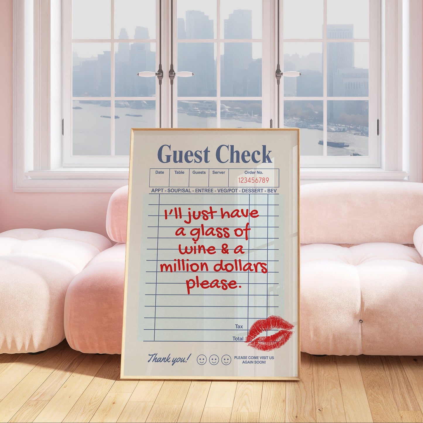 I'll Just Have A Glass Of Wine & A Million Dollars Please | Retro Guest Check Poster - Digital Print