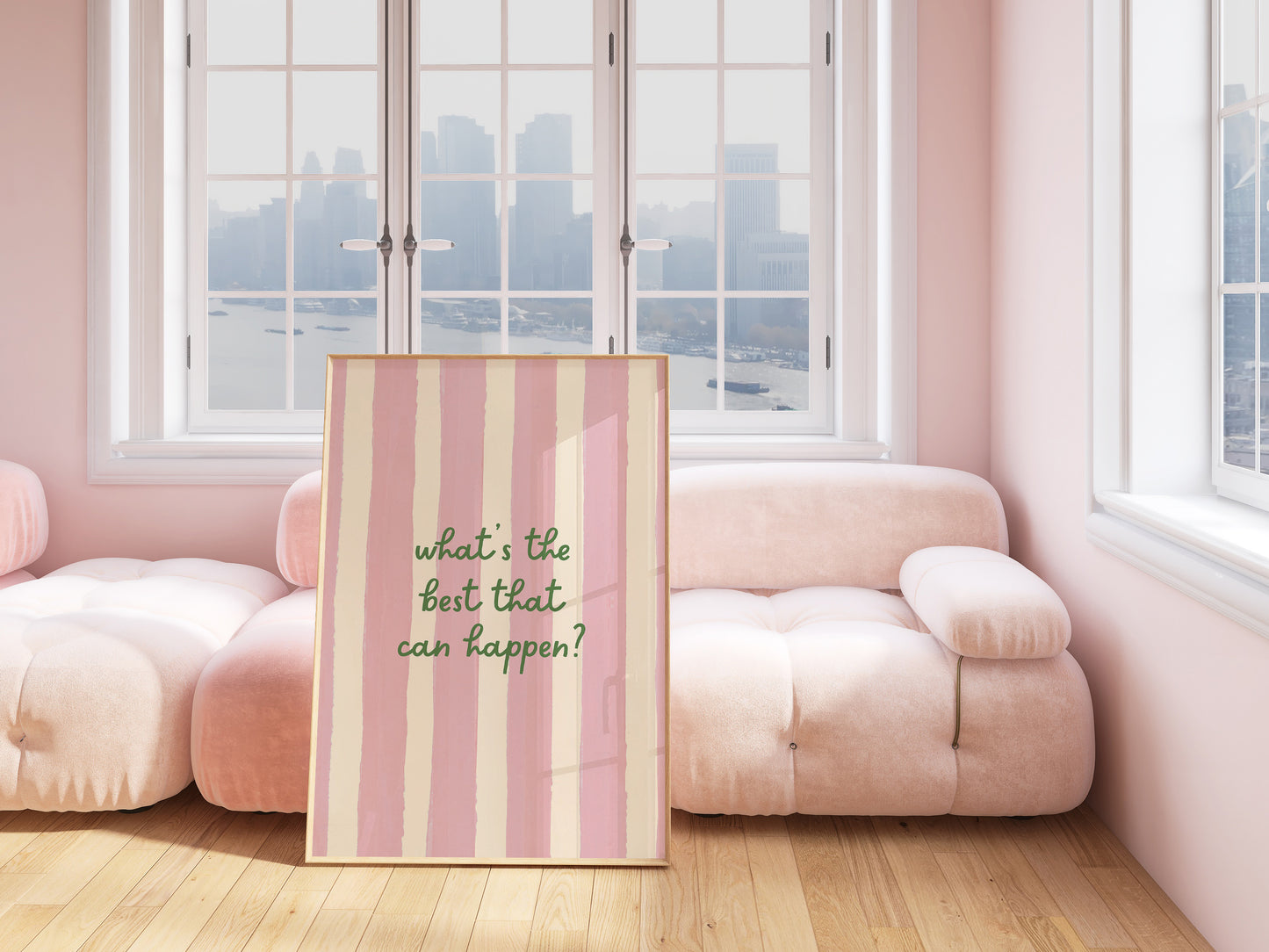 Print with soft pink hand-painted brush stroke stripes and the quote "What's the best that can happen" in script lettering.
