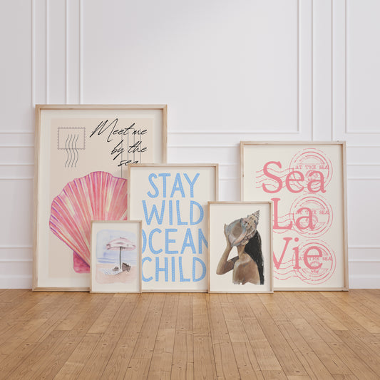 Red & Blue Coastal Seaside Set - Postcard | Stay Wild Ocean Child | Seashell