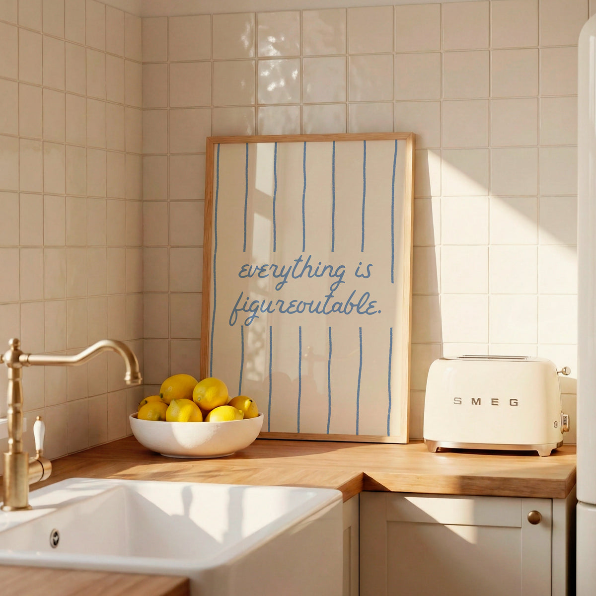 Square digital print with a cream background and blue vertical stripes, featuring the phrase "everything is figureoutable." in blue script centered on the design.