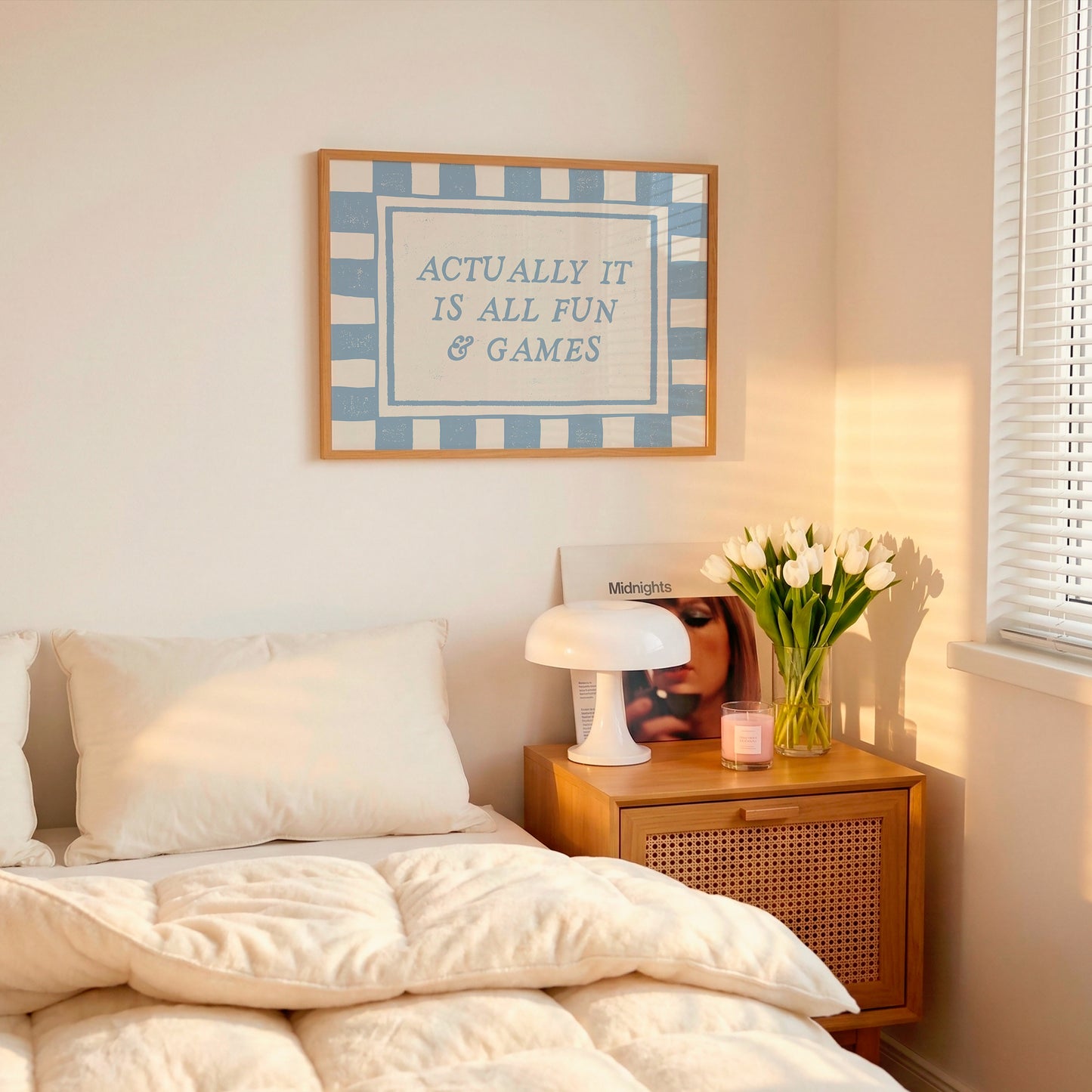 Actually It Is All Fun & Games blue checkered horizontal print in lifestyle bedroom — aesthetic wall decor instant download